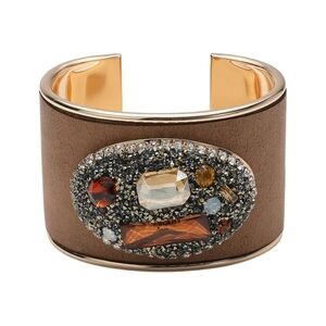 Brown Leather Oval Glass Studded Gem Bling Cuff Bracelet Statement Jewelry